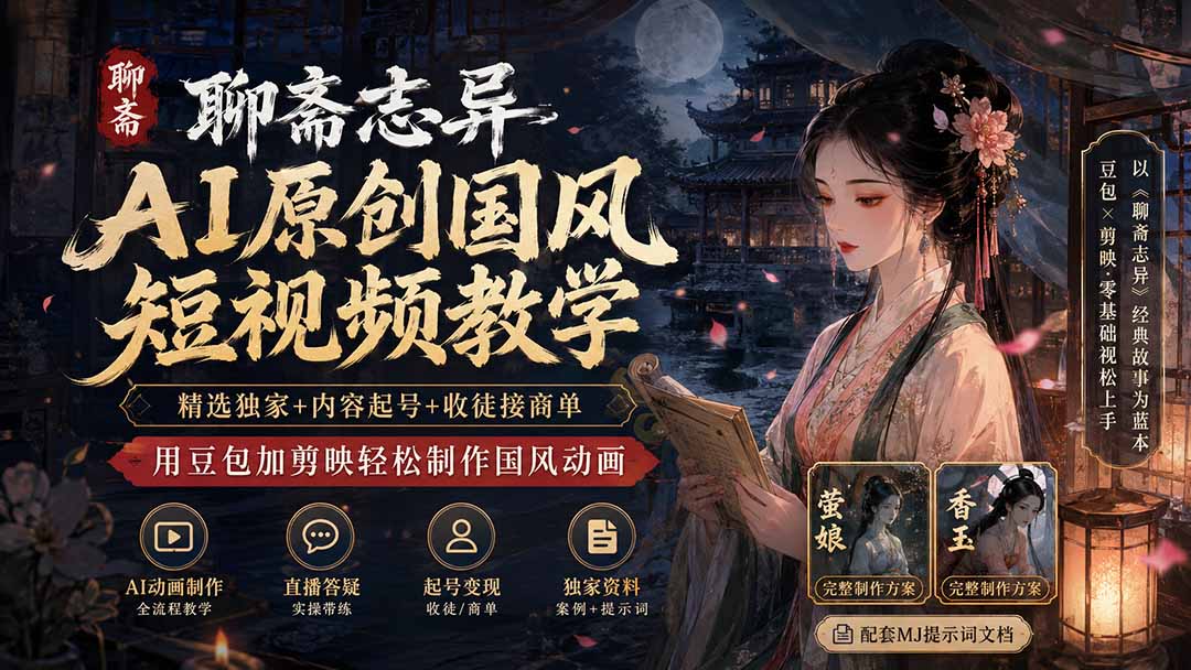 聊斋志异AI原创国风短视频教学-更新；精选独家+内容起号+收徒接商单，用豆包加剪映轻松制作国风动画-小艾项目网