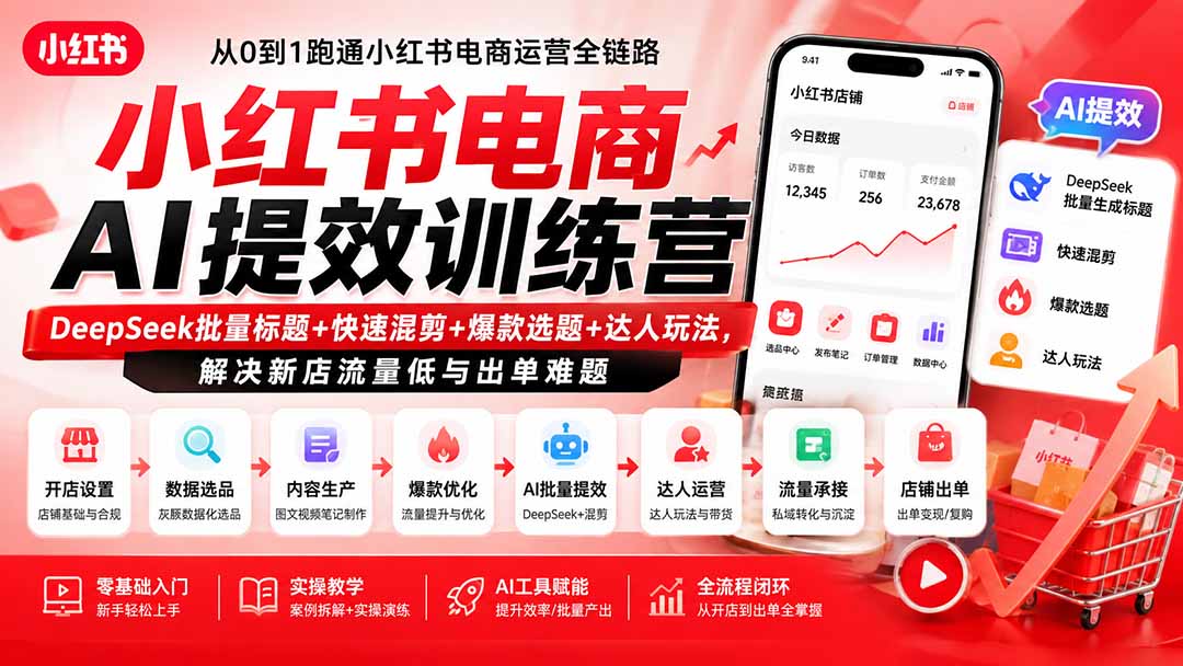 小红书电商AI提效训练营—DeepSeek批量标题+快速混剪+爆款选题+达人玩法，解决新店流量低与出单难题-小艾项目网