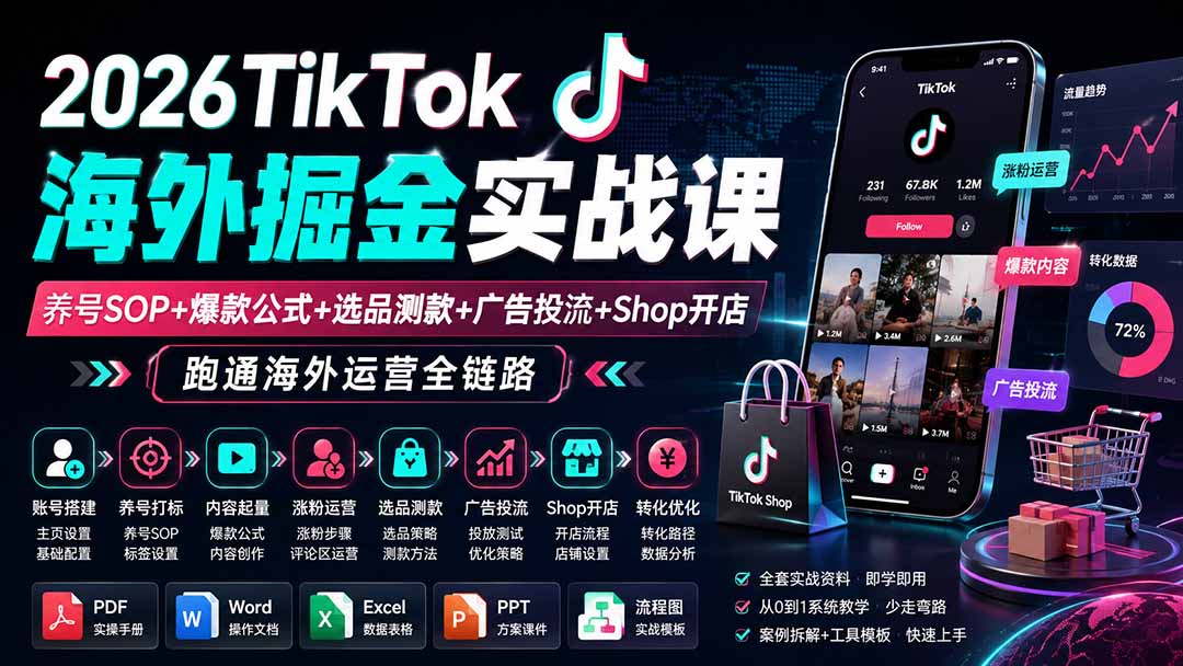 2026TikTok海外掘金实战课——养号SOP+爆款公式+选品测款+广告投流+Shop开店，跑通海外运营全链路-小艾项目网