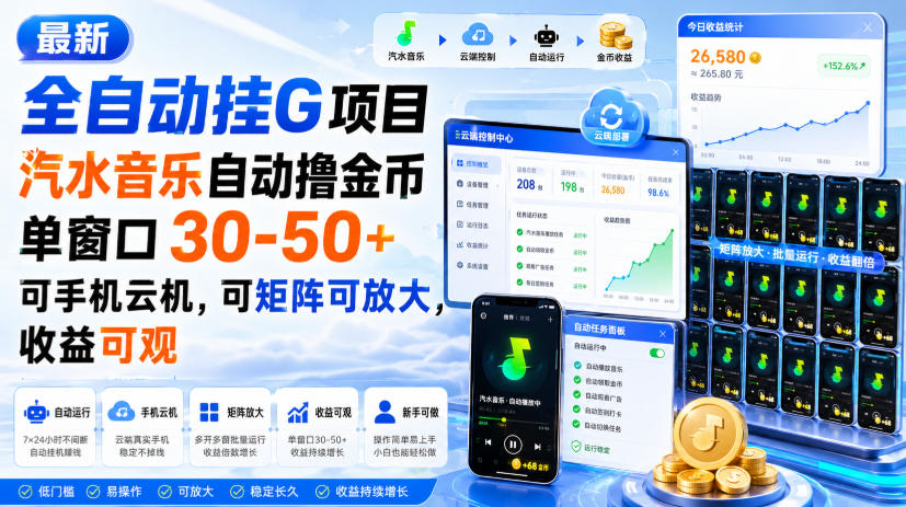 最新全自动挂G项目，汽水音乐自动撸金币单窗口30-50+，可手机云机，可矩阵可放大，收益可观-小艾项目网