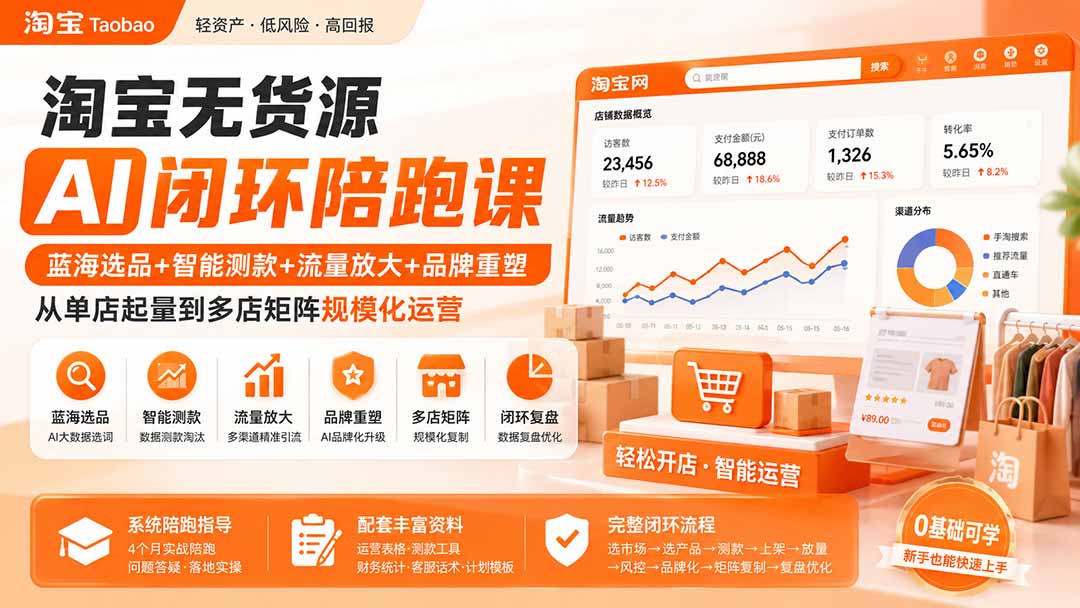 淘宝无货源AI闭环陪跑课：蓝海选品+智能测款+流量放大+品牌重塑，从单店起量到多店矩阵规模化运营-小艾项目网