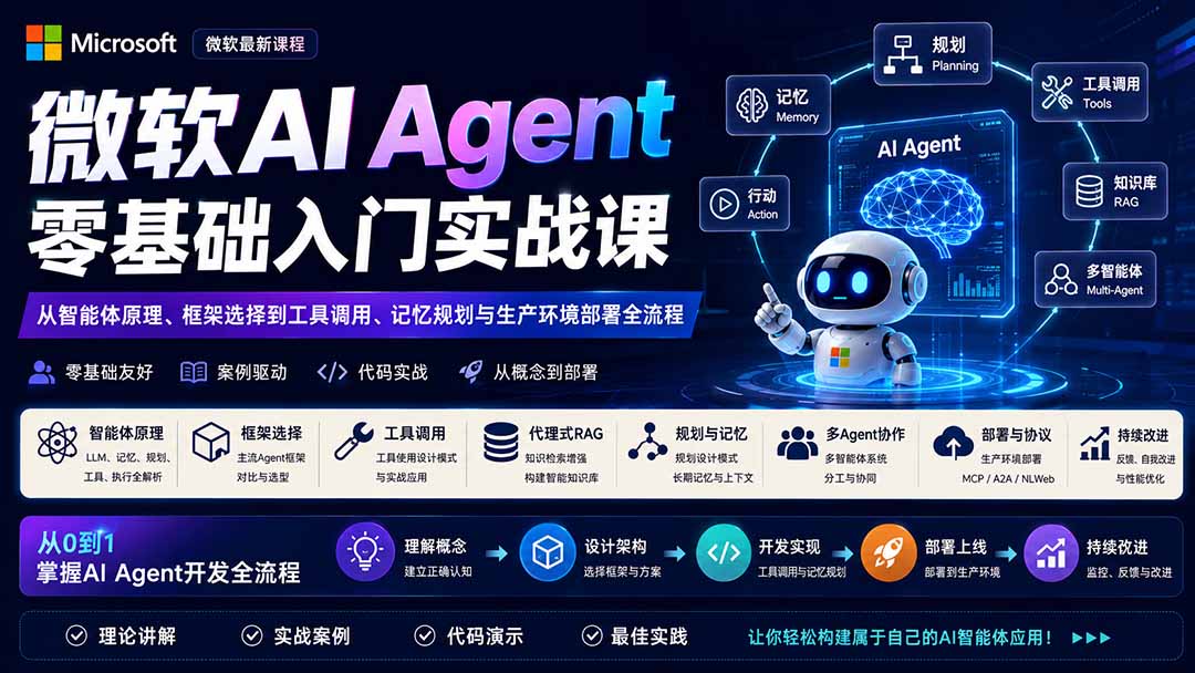 微软AI Agent零基础入门实战课：从智能体原理、框架选择到工具调用、记忆规划与生产环境部署全流程-小艾项目网
