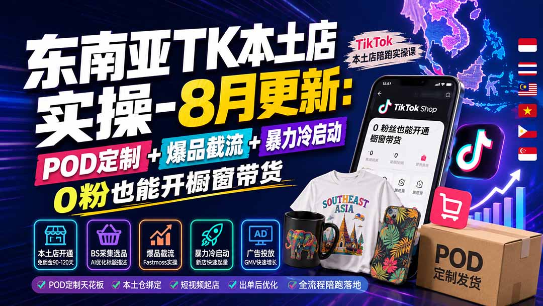 东南亚TK本土店实操-8月更新：POD定制+爆品截流+暴力冷启动，0粉也能开橱窗带货-小艾项目网