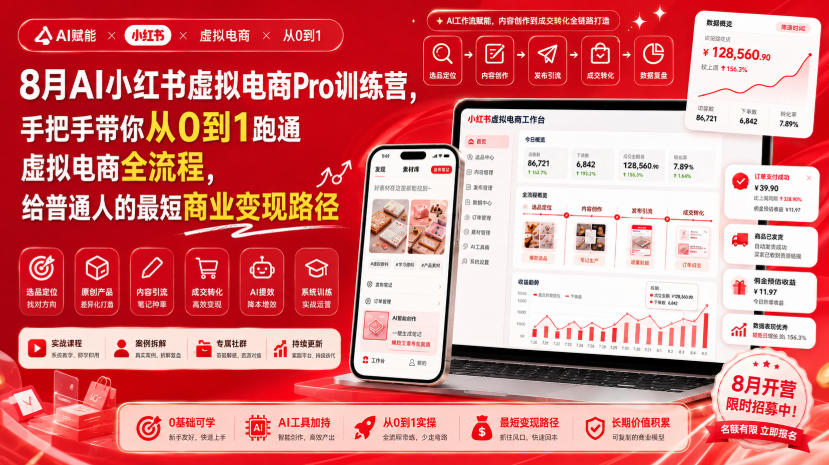 8月AI小红书虚拟电商Pro训练营，手把手带你从0到1跑通虚拟电商全流程，给普通人的最短商业变现路径-小艾项目网