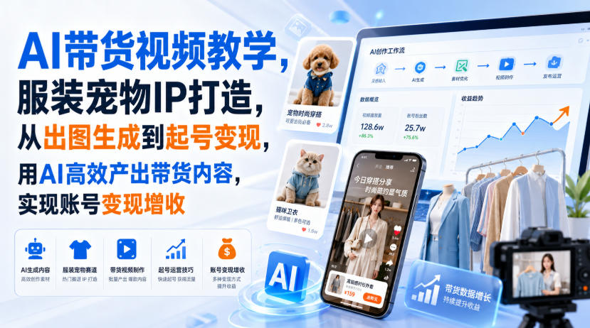 AI带货视频教学，服装宠物IP打造，从出图生成到起号变现，用AI高效产出带货内容，实现账号变现增收-小艾项目网