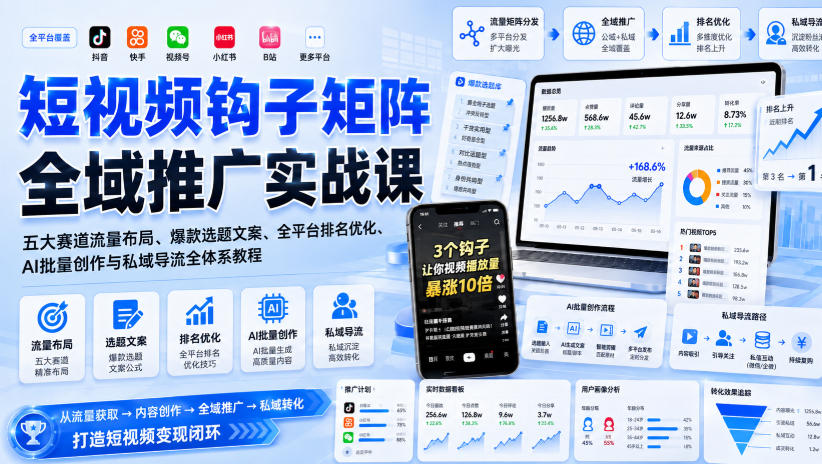 短视频钩子矩阵全域推广实战课｜五大赛道流量布局、爆款选题文案、全平台排名优化、AI批量创作与私域导流全体系教程-小艾项目网