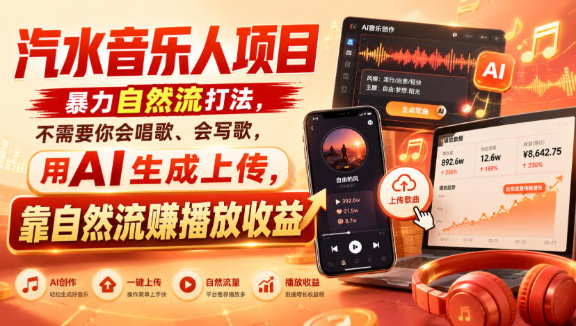 汽水音乐人项目，暴力自然流打法，不需要你会唱歌、会写歌，用AI生成上传，靠自然流賺播放收益-小艾项目网