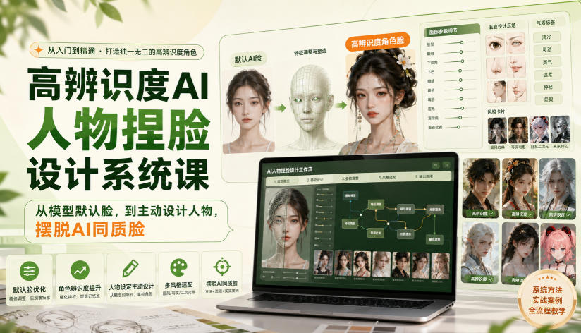 高辨识度AI人物捏脸设计系统课，从模型默认脸，到主动设计人物，摆脱AI同质脸-小艾项目网