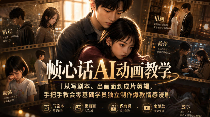 帧心话AI动画教学｜从写剧本、出画面到成片剪辑，手把手教会零基础学员独立制作爆款情感漫剧-小艾项目网