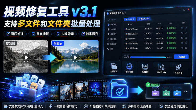 视频修复工具v3.1,支持多文件和文件夹批量处理-小艾项目网
