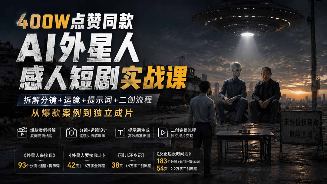 400W点赞同款AI外星人感人短剧实战课:拆解分镜+运镜+提示词+二创流程,从爆款案例到独立成片-小艾项目网