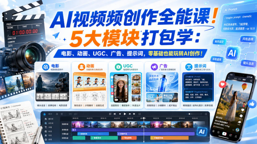 AI视频频创作全能课!5大模块打包学:电影、动画、UGC、广告、提示词,零基础也能玩转AI创作!【原创双语字幕】-小艾项目网