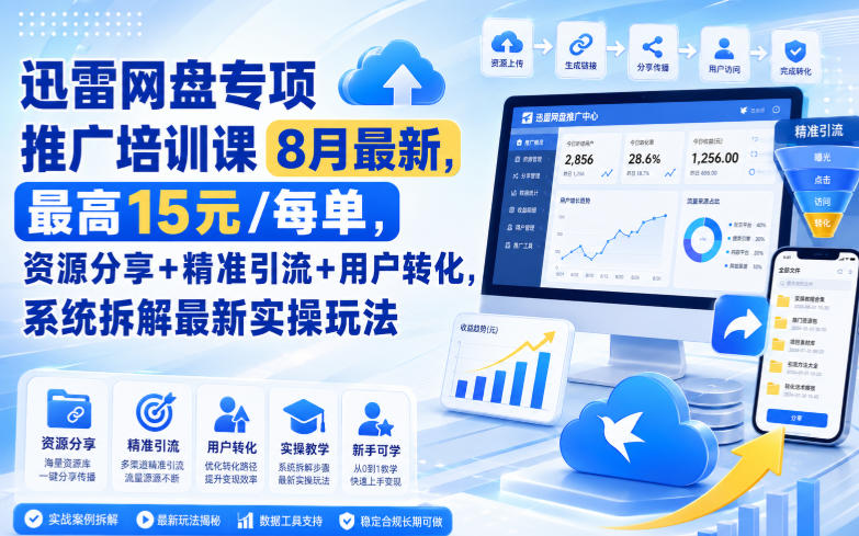 迅雷网盘专项推广培训课8月最新，最高15米/每单，资源分享+精准引流+用户转化，系统拆解最新实操玩法(更新0824)-小艾项目网