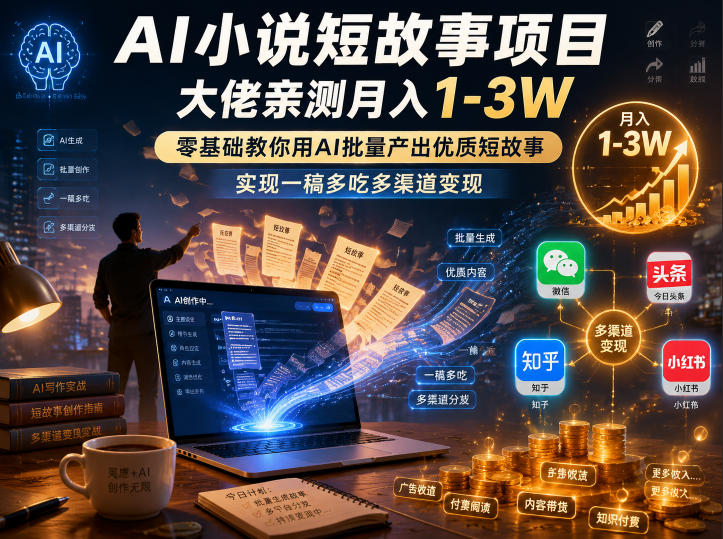AI小说短故事项目,大佬亲测月入1-3W,零基础教你用AI批量产出优质短故事,实现一稿多吃多渠道变现(更新0824)-小艾项目网