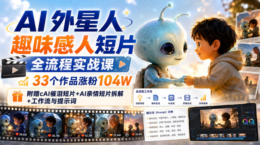 AI外星人趣味感人短片全流程实战课,33个作品涨粉104W,附赠AI催泪短片+AI亲情短片拆解+工作流与提示词-小艾项目网
