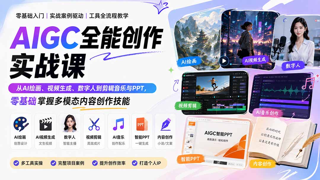 AIGC全能创作实战课:从AI绘画、视频生成、数字人到剪辑音乐与PPT,零基础掌握多模态内容创作技能-小艾项目网