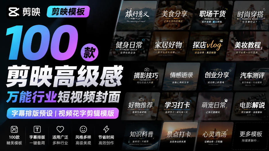 【剪映模板】100款剪映高级感万能行业短视频封面字幕排版预设视频花字剪辑模版-小艾项目网