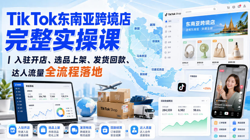 TikTok东南亚跨境店完整实操课｜入驻开店、选品上架、发货回款、达人流量全流程落地-小艾项目网