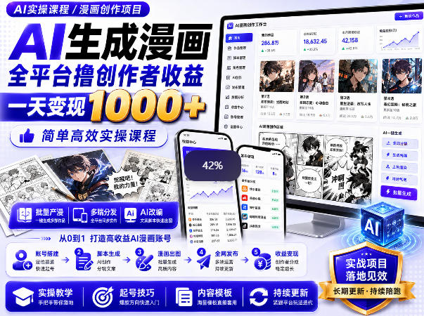 AI生成漫画全平台撸创作者收益内部课程，实操最高单日变现1k+-小艾项目网