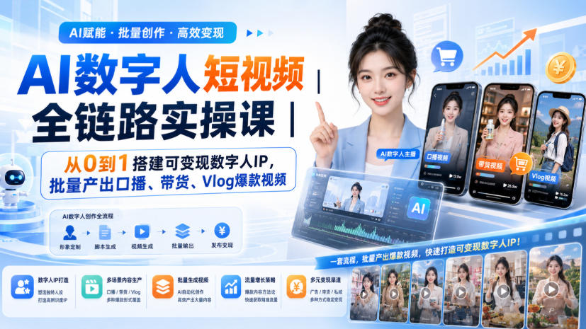AI数字人短视频全链路实操课｜从0到1搭建可变现数字人IP，批量产出口播、带货、Vlog爆款视频-小艾项目网