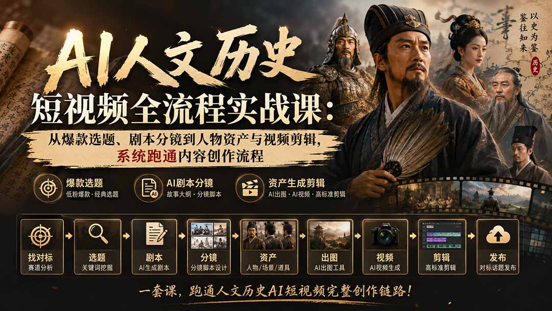 AI人文历史短视频全流程实战课:从爆款选题、剧本分镜到人物资产与视频剪辑,系统跑通内容创作流程-小艾项目网