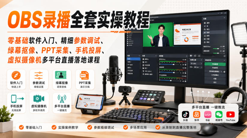 OBS录播全套实操教程｜零基础软件入门、精细参数调试、绿幕抠像、手机投屏、虚拟摄像机多平台直播落地课程-小艾项目网