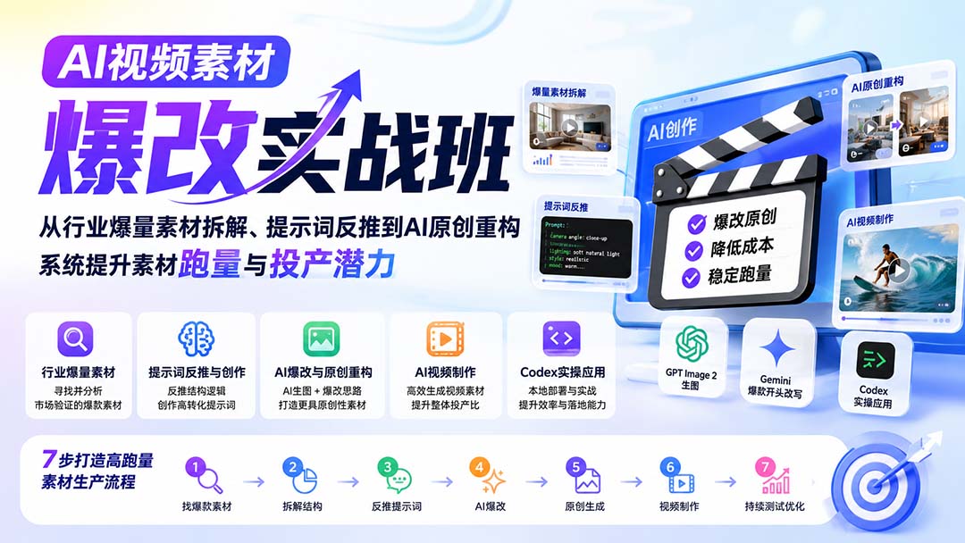 AI视频素材爆改实战班-更新8月:从行业爆量素材拆解、提示词反推到AI原创重构,系统提升素材跑量与投产潜力-小艾项目网