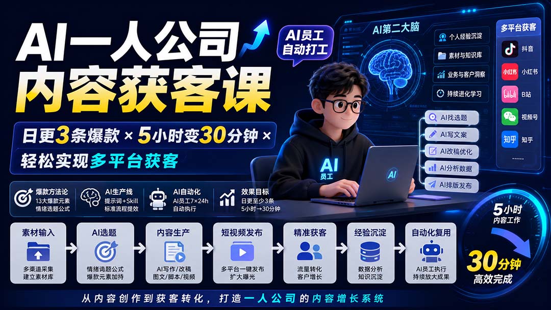 AI一人公司内容获客课-更新8月:日更3条爆款×5小时变30分钟×AI员工自动打工,轻松实现多平台获客-小艾项目网