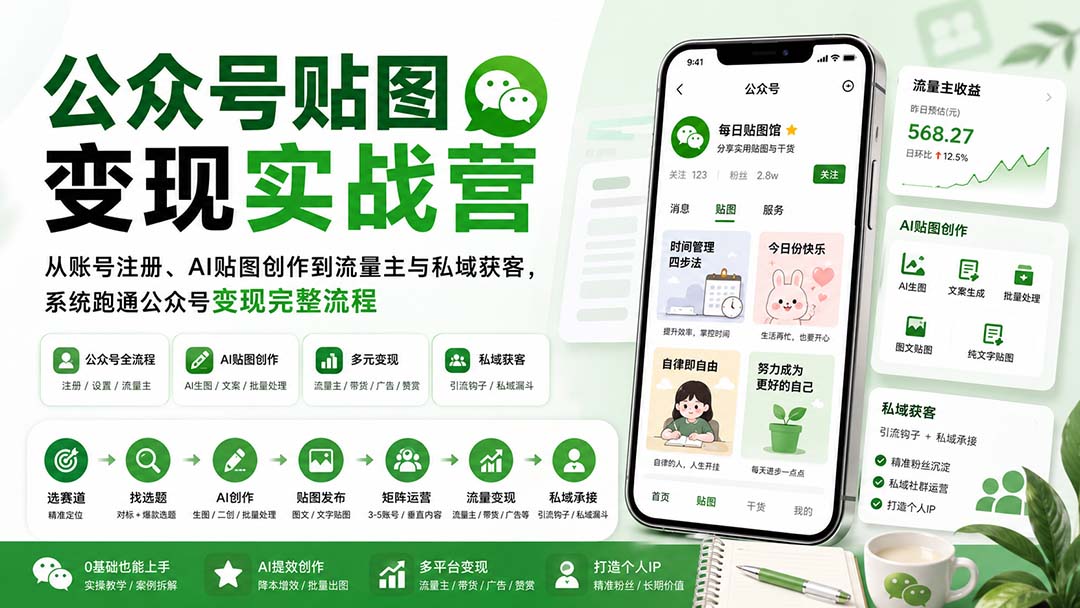 公众号贴图变现实战营:从账号注册、AI贴图创作到流量主与私域获客,系统跑通公众号变现完整流程-小艾项目网