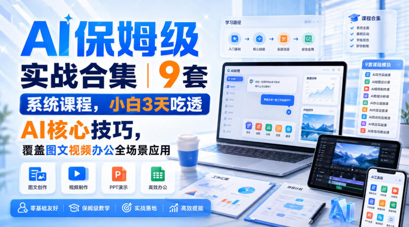 AI保姆级实战合集｜9套系统课程，小白3天吃透AI核心技巧，覆盖图文视频办公全场景应用-小艾项目网