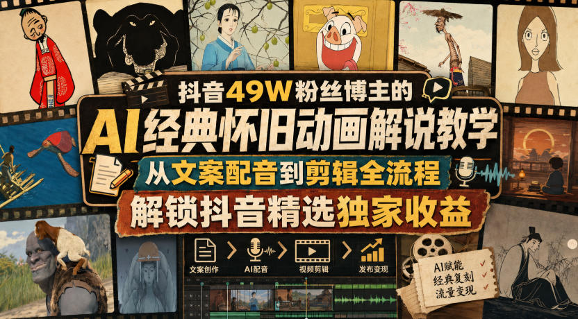 抖音49W粉丝博主的AI经典怀旧动画解说教学，从文案配音到剪辑全流程，解锁抖音精选独家收益-小艾项目网