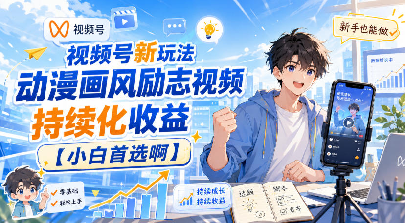 视频号新玩法动漫画风励志视频，持续化收益【小白首选啊】-小艾项目网