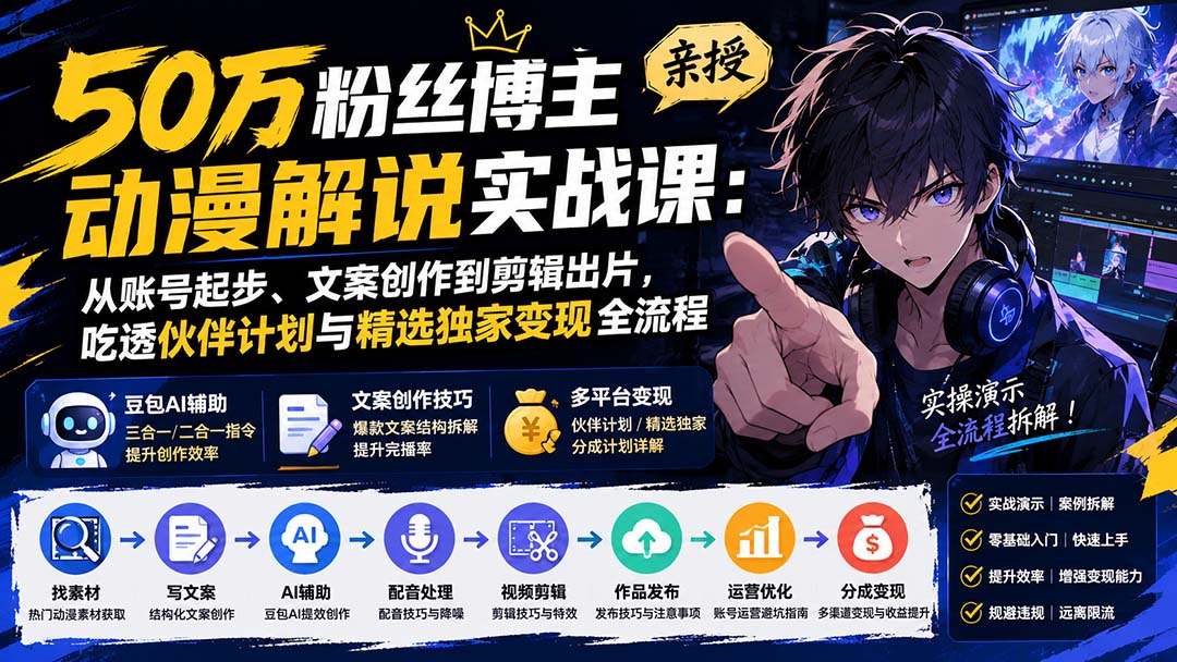 50万粉丝博主亲授动漫解说实战课：从账号起步、文案创作到剪辑出片，吃透伙伴计划与精选独家变现全流程-小艾项目网