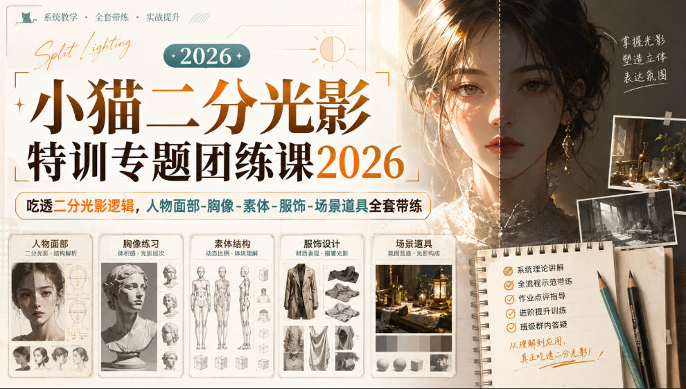小猫二分光影特训专题团练课2026｜吃透二分光影逻辑，人物面部‑胸像‑素体‑服饰‑场景道具全套带练，高清画质附赠课件与笔刷-小艾项目网