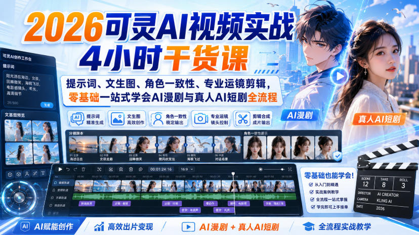 2026可灵AI视频实战4小时干货课｜提示词、文生图、角色一致性、专业运镜剪辑，零基础一站式学会AI漫剧与真人AI短剧全流程-小艾项目网
