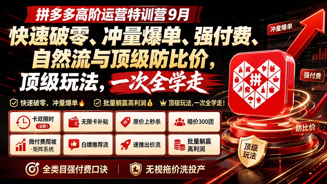 拼多多高阶运营特训营9月：快速破零、冲量爆单、强付费、自然流与顶级防比价， 顶级玩法，一次全学走-小艾项目网
