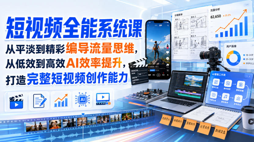 短视频全能系统课，从平淡到精彩编导流量思维，从低效到高效AI效率提升，打造完整短视频创作能力(2026年8月30更新233集)-小艾项目网
