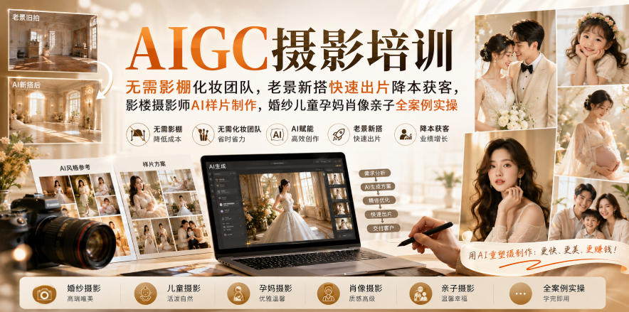 AIGC摄影培训｜无需影棚化妆团队，老景新搭快速出片降本获客，影楼摄影师AI样片制作，婚纱儿童孕妈肖像亲子全案例实操-小艾项目网