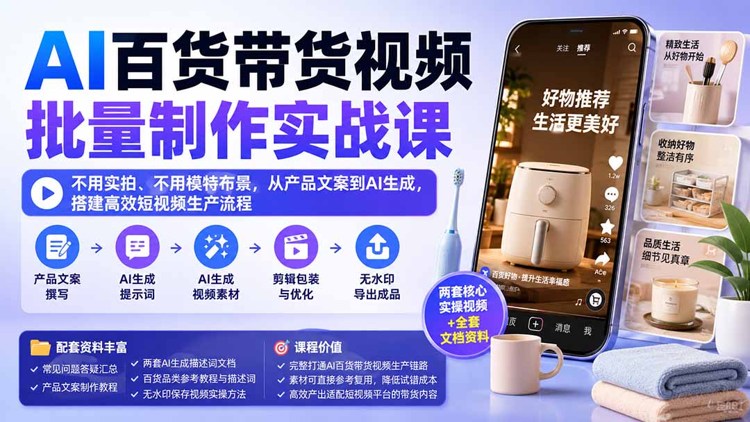 AI百货带货视频批量制作实战课：不用实拍、不用模特布景，从产品文案到AI生成，搭建高效短视频生产流程-小艾项目网