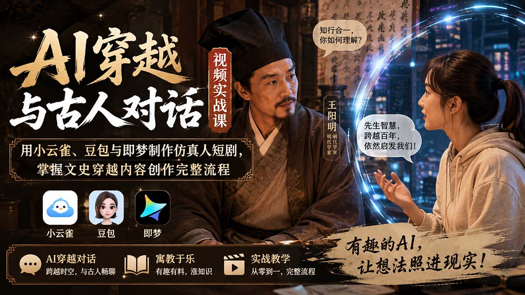 AI穿越与古人对话视频实战课：用小云雀、豆包与即梦制作仿真人短剧，掌握文史穿越内容创作完整流程-小艾项目网