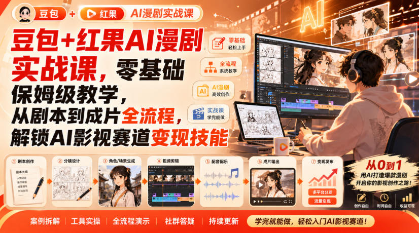 豆包+红果AI漫剧实战课，零基础保姆级教学，从剧本到成片全流程，解锁AI影视赛道变现技能-小艾项目网