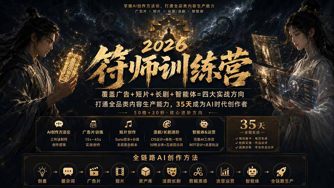 符师训练营-35天成为AI时代创作者，广告+短片+漫剧+智能体四大实战方向，掌握从创意到上线的完整工作流-小艾项目网