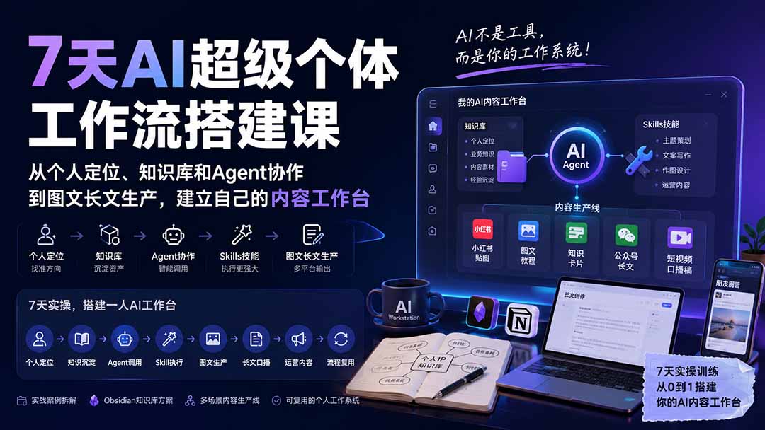 7天AI超级个体工作流搭建课：从个人定位、知识库和Agent协作到图文长文生产，建立自己的内容工作台-小艾项目网