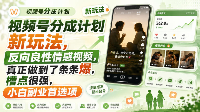 视频号分成计划新玩法，反向良性情感视频，真正做到了条条爆，槽点很强，小白副业首选项-小艾项目网