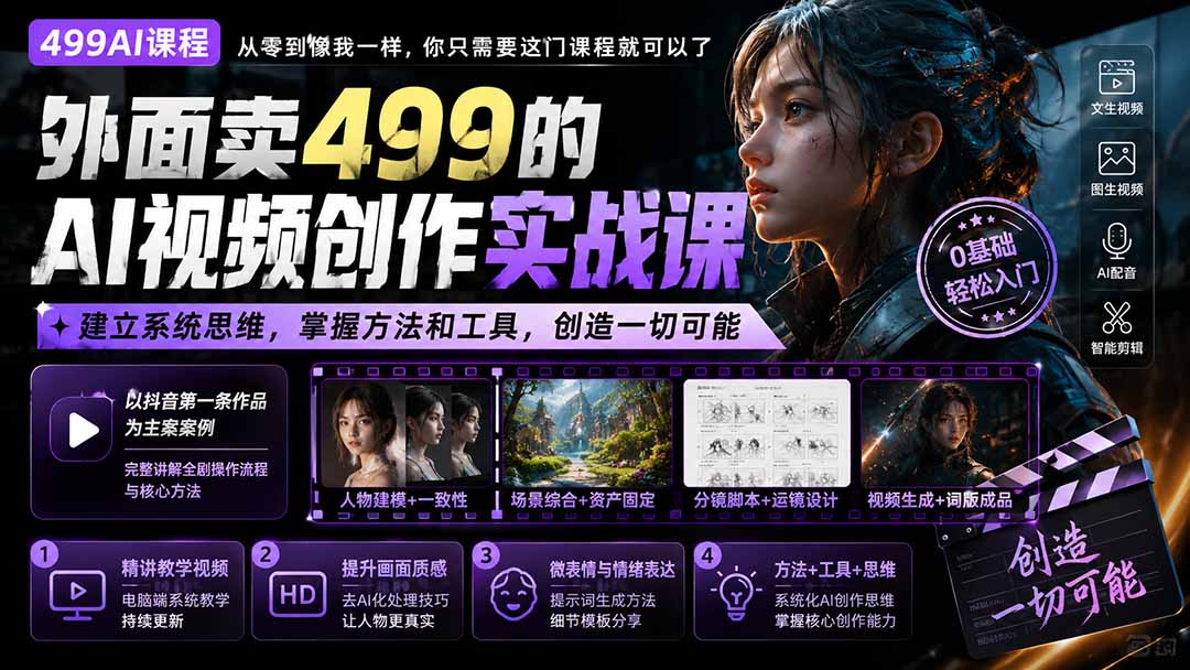 外面卖499的AI视频创作实战课：建立系统思维，掌握方法和工具，创造一切可能。-小艾项目网