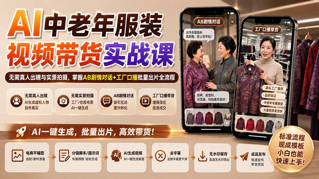 AI中老年服装视频带货实战课:无需真人出镜与实景拍摄,掌握AB剧情对话+工厂口播批量出片全流程-小艾项目网