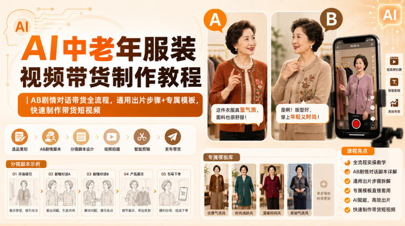 AI中老年服装视频带货制作教程|AB剧情对话带货全流程,通用出片步骤+专属模板,快速制作带货短视频-小艾项目网