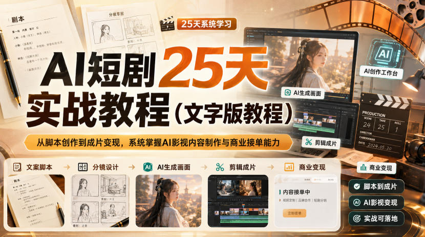 AI短剧25天实战教程(文字版教程)，从脚本创作到成片变现，系统掌握AI影视内容制作与商业接单能力-小艾项目网