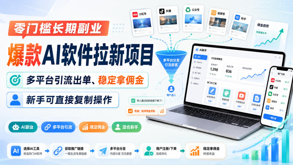 零门槛长期副业,爆款AI软件拉新项目,多平台引流出单、稳定拿佣金,新手可直接复制操作-小艾项目网