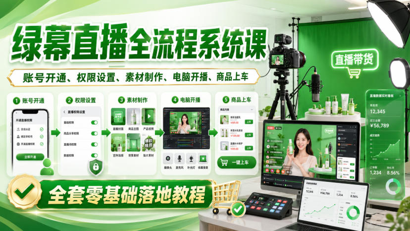 绿幕直播全流程系统课，账号开通、权限设置、素材制作、电脑开播、商品上车全套零基础落地教程-小艾项目网